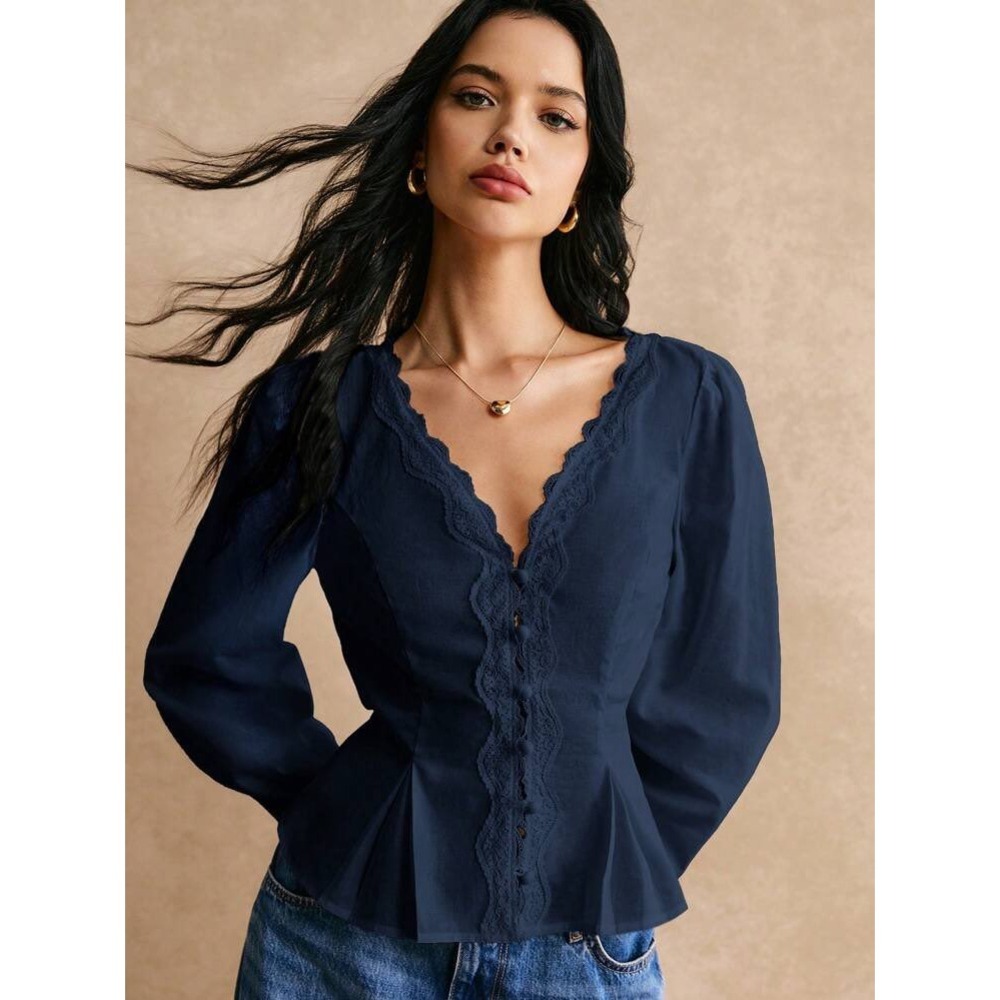 Poéselle Sz MD Blue Lace Trimmed Cotton Peplum Puff Sleeve Top